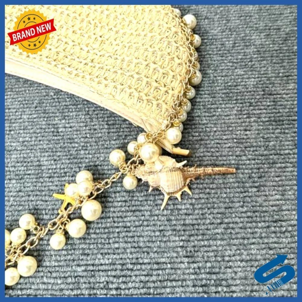Straw Clutch Purse with Pearl Strap Elegant Summer Beach Evening Bag